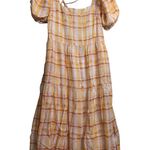 ASTR  The Label Ilana Puff Sleeve Tiered Midi Dress Orange Yellow Plaid M New Photo 2