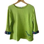 Margaret Winters Lime Green Textured Knit Top w/ Plaid Accents Size Medium Photo 1