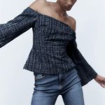 ZARA  textured navy tweed flare sleeves off the shoulder top Photo 3