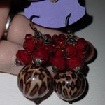 Vintage Acrylic Leopard Cheetah Ball Red Beads Dangle Drop Costume Earrings Brown Photo 0