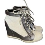 Saks 5th Avenue Gray for Saks Fifth Avenue Suede Leather Metallic Lace Up Wedge Booties sz 6.5 Photo 3