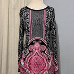 Style & Co  Black Pink Paisley Print Long Sleeve Knit Stretchy Dress Boho Size L Photo 0
