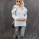 VICI Blue Moon fuzzy cozy boho ruffled open shoulder sweater size L Photo 16