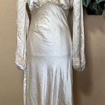 Illustrious Elegance Champagne Satin Long Sleeve Midi Dress Photo 0