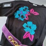 Vintage TanFJay Womens Sweater Size Medium Black Floral Applique 1980s Photo 0