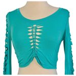 SLIT WEAVE Knotted Long Sleeve Turquoise Crop Top Rave Party Festival Club Sz S Photo 3