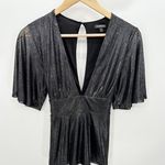 EXPRESS Blouse Women S Black Metallic Deep V-Neck Keyhole Button Back Tie Waist Photo 8