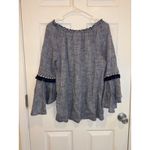 Style & Co  Womens‎ Top Blue White Peasant Bohemian Tassel Bell Sleeve Size M Photo 4