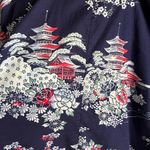 Vintage Japanese Cotton Kimono Navy Floral Pagoda Print Made in Japan Blue Size L Photo 11