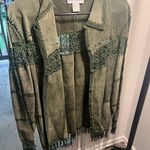 Dressbarn Olive Leather Jacket with Embroidery Green Size L Photo 0