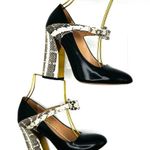 Gucci  Black Leather and Neutral Snakeskin Block Heel Pumps size 37 Photo 2