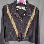 Western New Orleans Saints Jean Jacket Coat Denim Fringe Boho Embellish A12 Black Size M Photo 0