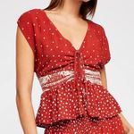 Free People  Babylon River Top Womens XS Red Polka Dot Smocked Peplum Boho Hippie Photo 0