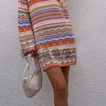 Womens Open Knit Sunset Chevron Stripe Knit Coverup Dress sz large Orange Photo 0