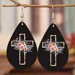 Black Teardrop Earrings with Floral Cross Design Photo 0
