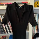 Good American  Black Ribbed Short Sleeve Polo Stretch Knit Sweater Midi Dress Photo 3