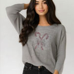 One World Womens Top XL Gray Beaded Bling Candy Canes Bow Holiday Blouse Photo 0