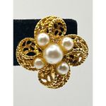 Vintage Gold Tone Faux Pearl Filigree Floral Statement Earrings Clip On Glam Photo 2