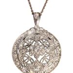 Silver Tone Necklace Round Medallion Pendant Filagree Open Work Rhinestone Adj Photo 1
