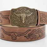 Western Bull Head Buckle Plus Size Belt Vintage Style Faux Leather Embossed 1XL‎ Brown Photo 12