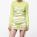 ZARA RUCHED SATIN EFFECT V-NECK DRESS Adjustable Side w/ Drawstring Green NEW Photo 4