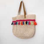 INC Womens Straw Tote Bag Natural Multicolor Tassel Beach Summer Boho Coastal Tan Photo 1