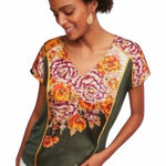 Anthropologie  Tiny Satin Evesham Floral V Neck Cinched Cap Sleeve Top Blouse XS Photo 0