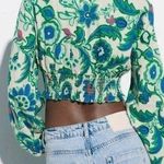 ZARA Floral Cropped Long-sleeve Green and Blue Size Medium Resort Coastal Preppy Photo 1
