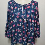 American Eagle Blue Floral Print Boho Top with Tie Detail Size Large Photo 0