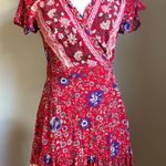 Bohemian Red Floral Wrap Mini Dress Short Sleeve Tiered Ruffle Belted cottage sm Photo 0