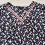 Lucky Brand  Navy Floral V Neck Pleated Button Front Top Size Medium Photo 6