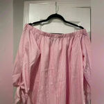 Just Quella  Pink Stripe Flowy Short Sleeve Bow Off the Shoulder Blouse Size L Photo 2