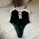 Playboy Sexy green velvet high cut white fur trim holiday Christmas bows bodysuit XL Photo 1