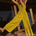 Free People day glow one piece wide leg jumpsuit linen green peridot XS Photo 2