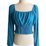 SheIn NWOT--BLUE/GREEN LONG SLEEVE CROP TOP-SIZE LARGE Beautiful crop top, color is a blue green color, puff long sleeves, smocked bottom, 80% polyester and 29% cotton, excellent condition, size large Measurements: Bust: armpit to armpit 19-20 inches Length: shoulder seam to bottom 17 inches Photo 0