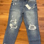 Mica Denim High Rise Stretchy Boy Crop Jeans 14W Destruction Ripped Cuff Hem New Blue Photo 0