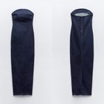 ZARA Dark Denim Strapless Raw Hem Back Slit Bodycon Tube Midi Dress Size XS Photo 8