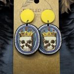 JEWELED ART Crowned Skull Oval Earrings Hand Painted Wood Halloween Yellow Photo 1