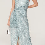 Elle Zeitoune Grace White Teal Polka Dot l Halter High Neck Formal Gown Large Blue Photo 0