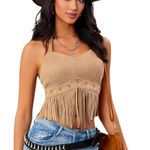 NWOT Women’s Y2K Fringe Halter Western Cowgirl Tie Tank Top Photo 0