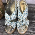 Juicy Couture  Blue & Tan Print Fabric Platform Wedge espadrille Sandal Shoes 7.5 Photo 1