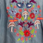 Vintage Natex Folkloric Mexican‎ Embroidered Denim Shirt Eyes Birds Mushrooms S Blue Photo 4