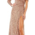 Mac Duggal IEENA FOR  Sequined Drop Shoulder Faux Wrap Gown In Copper Photo 0