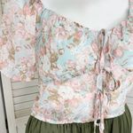 Active USA  Sheer Floral Chiffon Tie Front Crop Blouse Blue Pink 1XL Puff Sleeve Photo 7