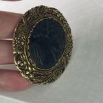Vintage Victorian Gothic Black Resin carved Cameo Brooch brass repousse Mourning Gold Photo 5