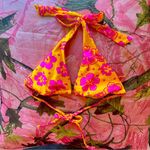 y2k orange & pink summer hibiscus flower print triangle halter bikini top Yellow Photo 1