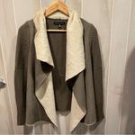 Saks 5th Avenue Saks Fifth Avenue wool blend olive open front cardigan faux shearling trim luxe Photo 7