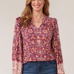 Democracy Blouson Sleeve Ruffle Shoulder VNeck Print Knit Top Size Medium Bold Photo 1