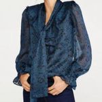 Ann Taylor Satin Floral Bow Blouse in Night Sky Blue/Black Size Small Photo 0