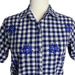 Quacker Factory  Embroidered Button Up Shirt XXS Blue Gingham Short Sleeves Photo 1